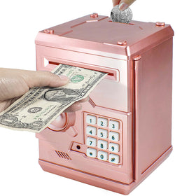 HUSAN Rose Gold Piggy Bank front view shows the coin slot for easy saving.