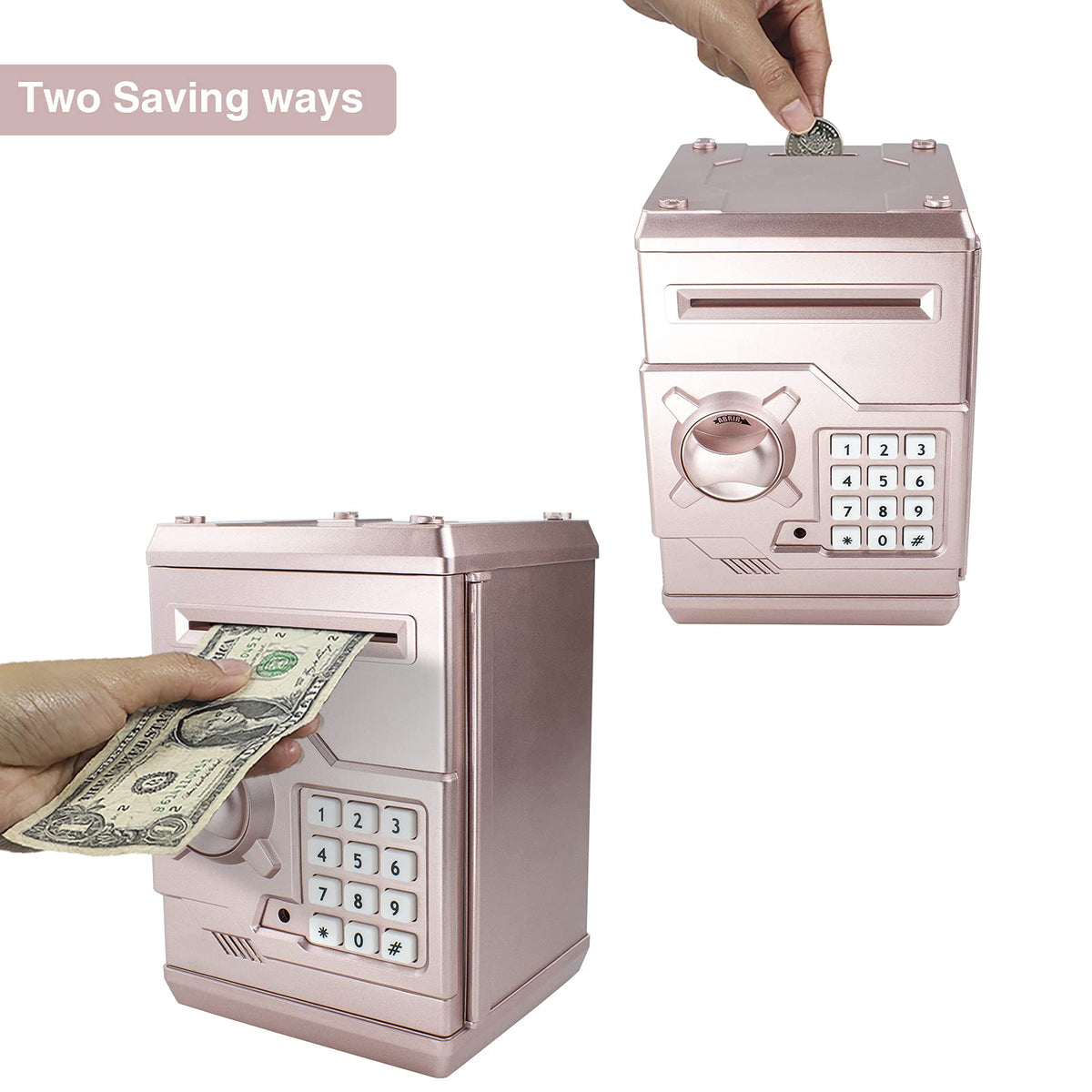 HUSAN Rose Gold Piggy Bank side view highlights sturdy anti-fall construction.