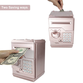 HUSAN Rose Gold Piggy Bank side view highlights sturdy anti-fall construction.