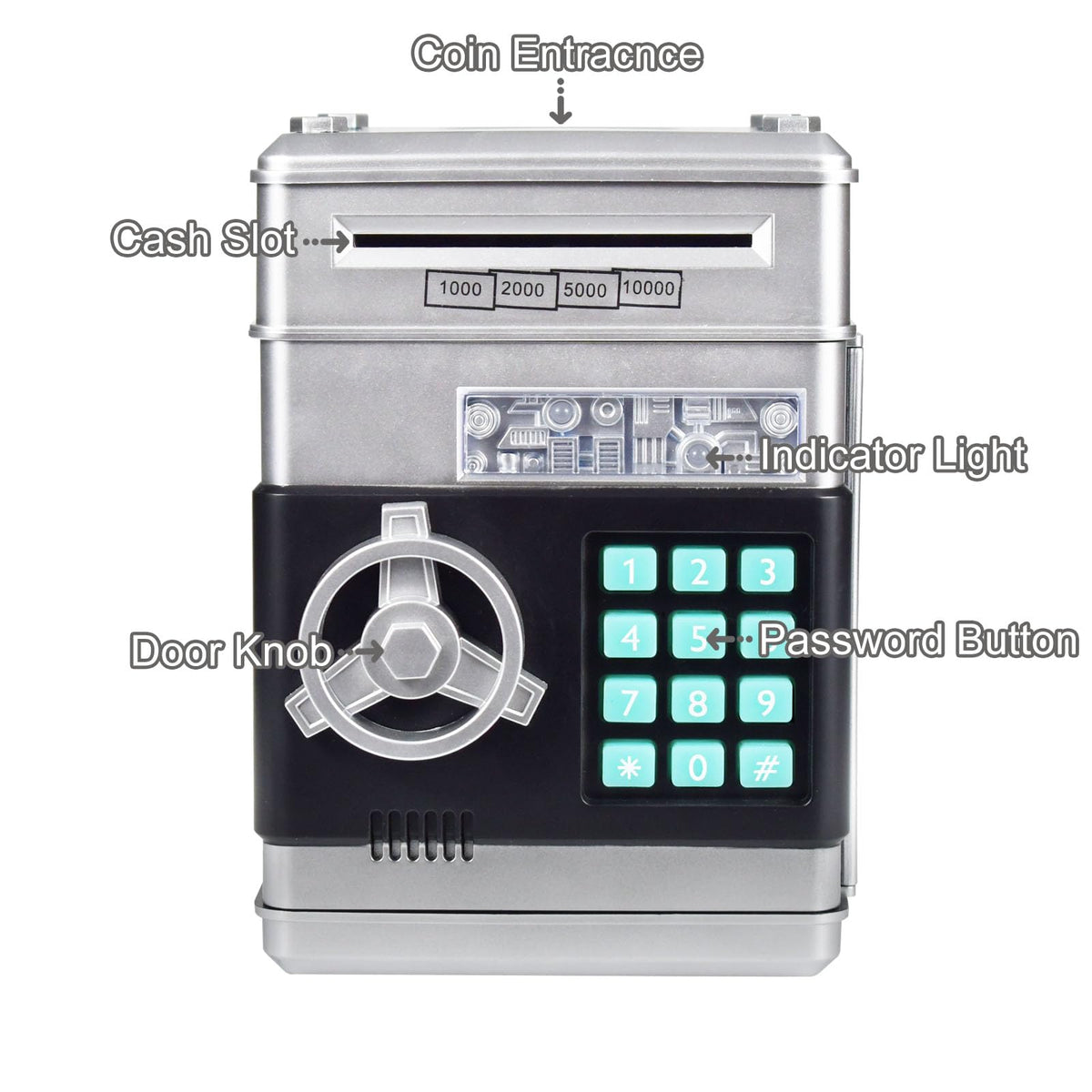 HUSAN piggy bank side angle shows sturdy anti-fall body.