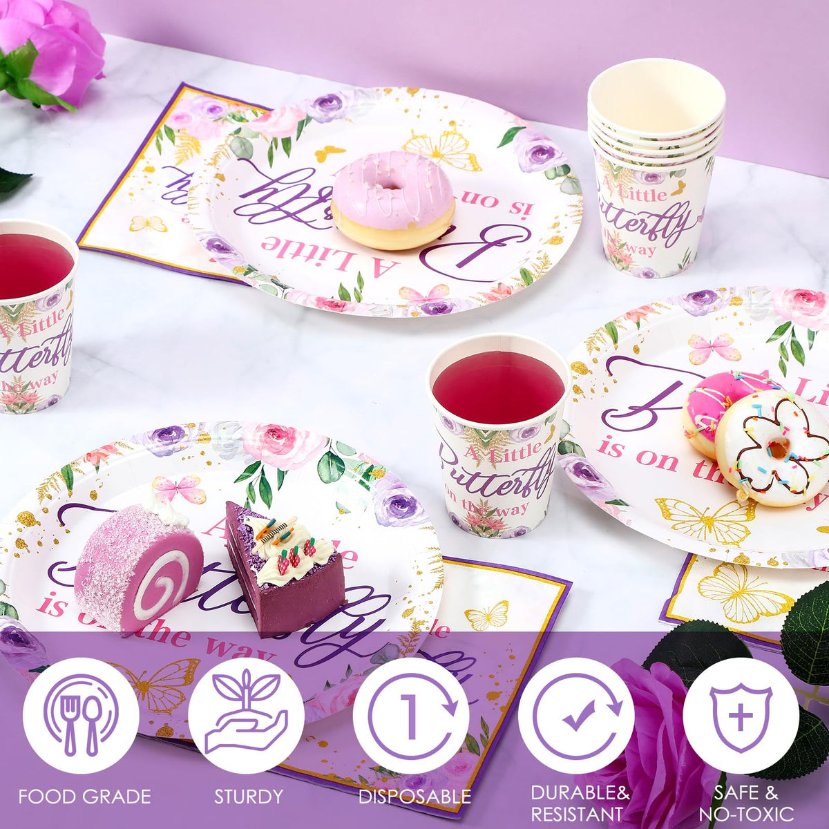 Hushee butterfly cups featuring purple floral pattern for festive drinks