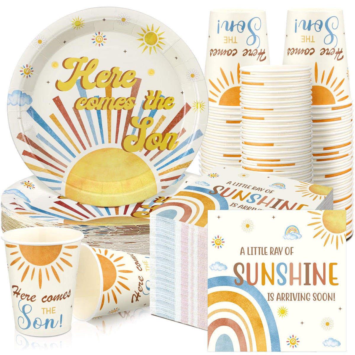 Hushee Here Comes The Son plates with sun pattern for a festive baby shower table