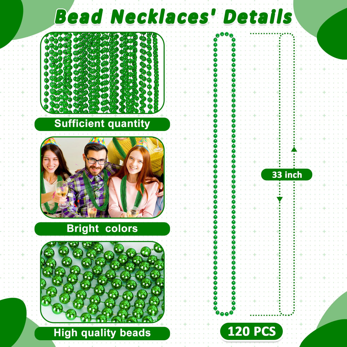 Huskein green bead necklaces, 33 inches, ideal for sharing at parties