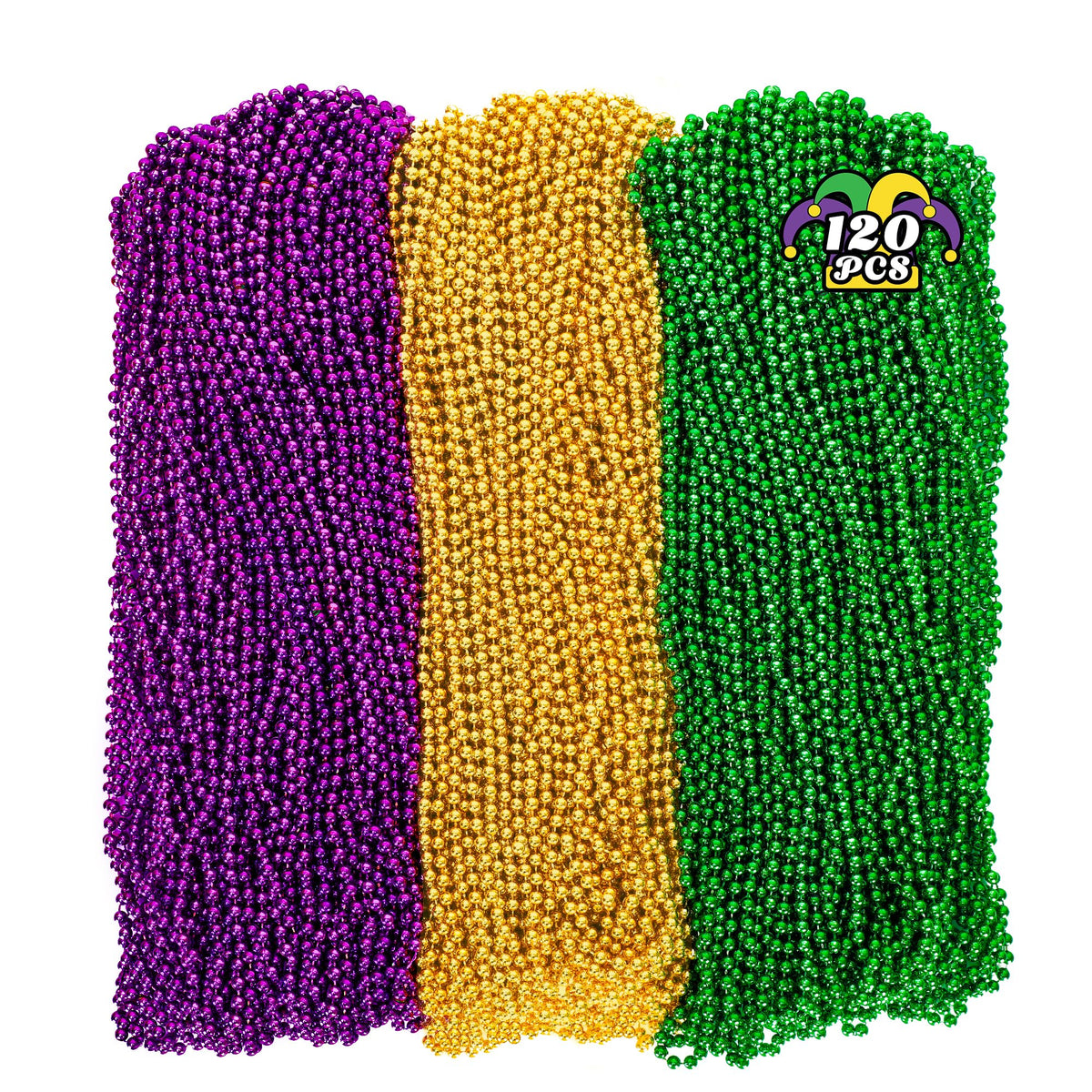 Huskein Mardi Gras beads on a 33-inch necklace in purple, green, and gold for parades.