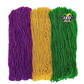 Huskein Mardi Gras beads on a 33-inch necklace in purple, green, and gold for parades.