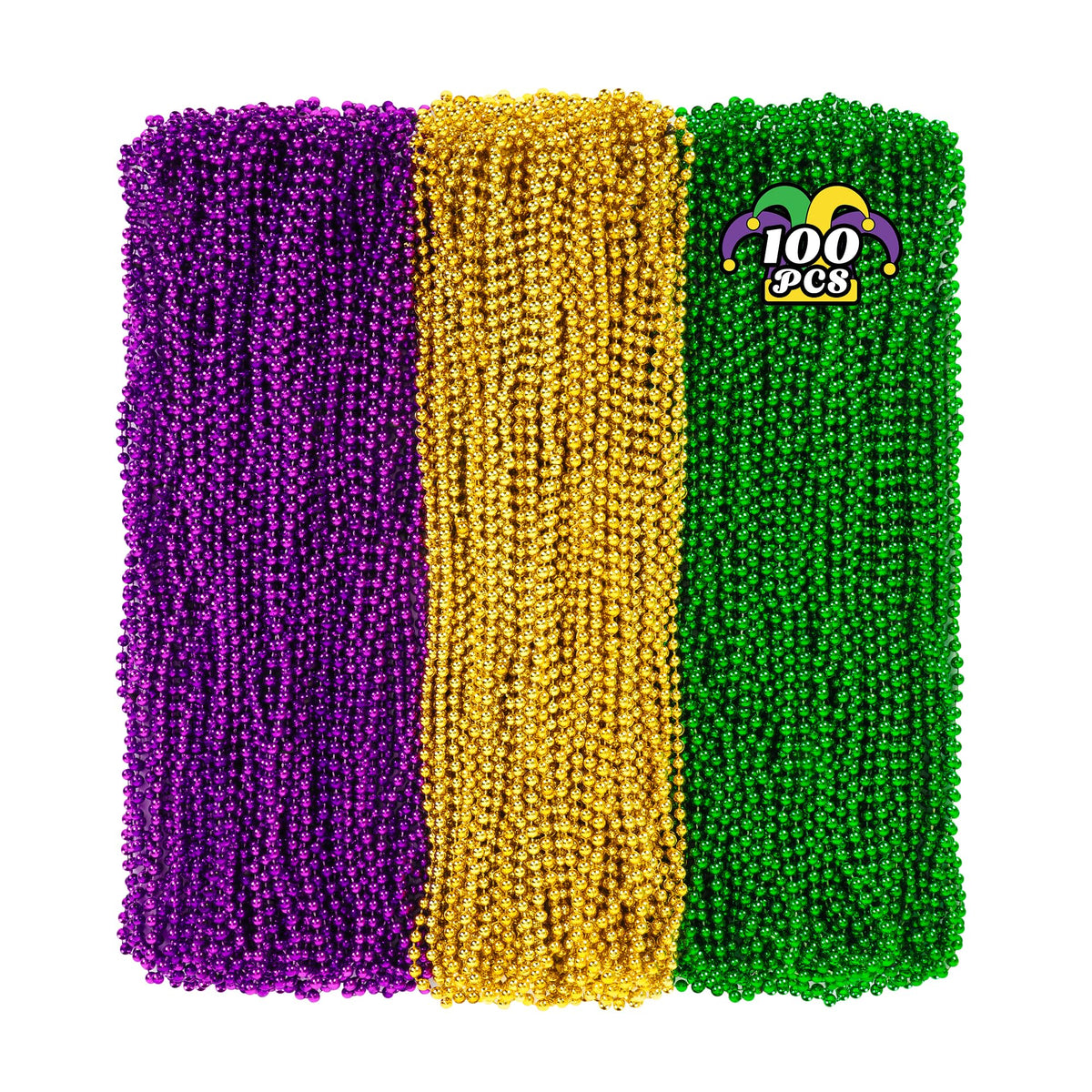 Huskein Mardi Gras beads 33-inch purple, gold, and green for parade wear.