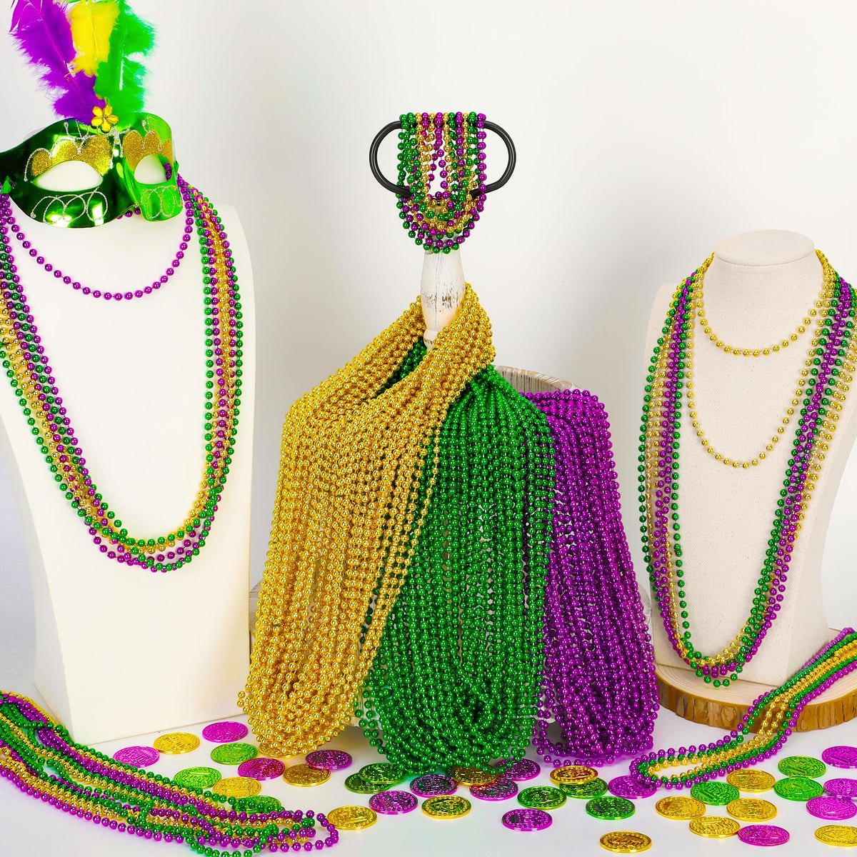 Vibrant Huskein beads used as party décor accents for events and masquerades.
