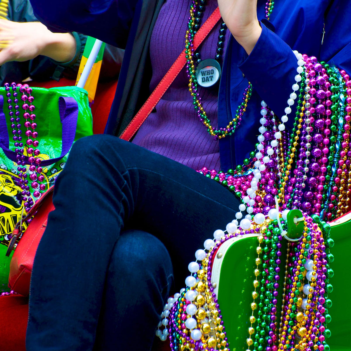 Huskein multi-color Mardi Gras beads ideal for parades.