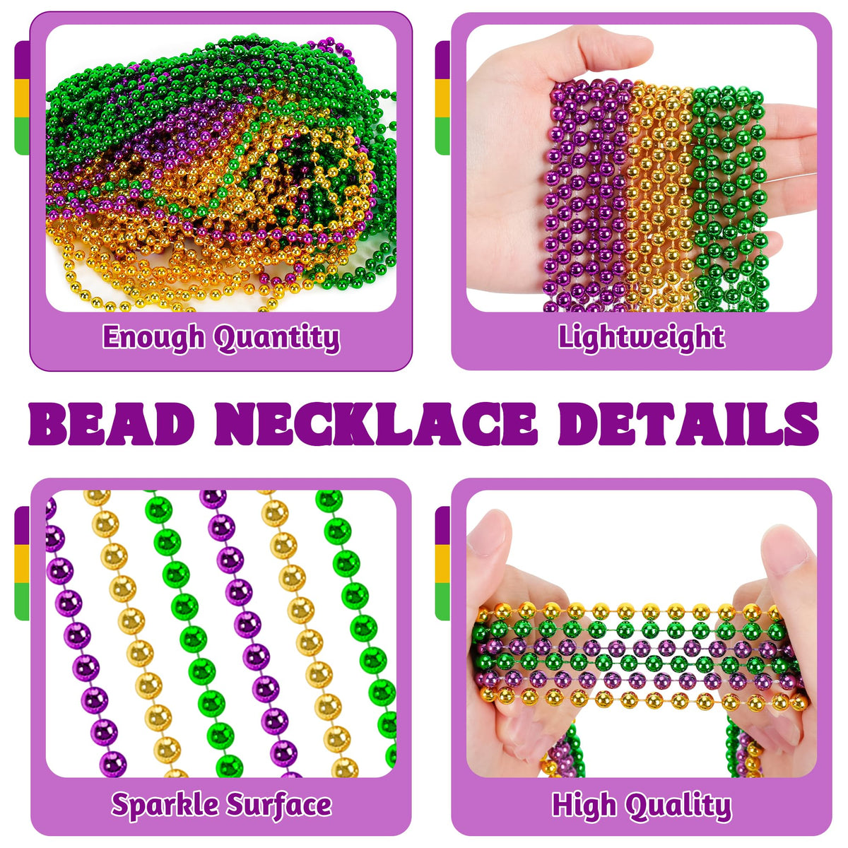 Vibrant purple, green, gold beads add carnival flair to outfits.