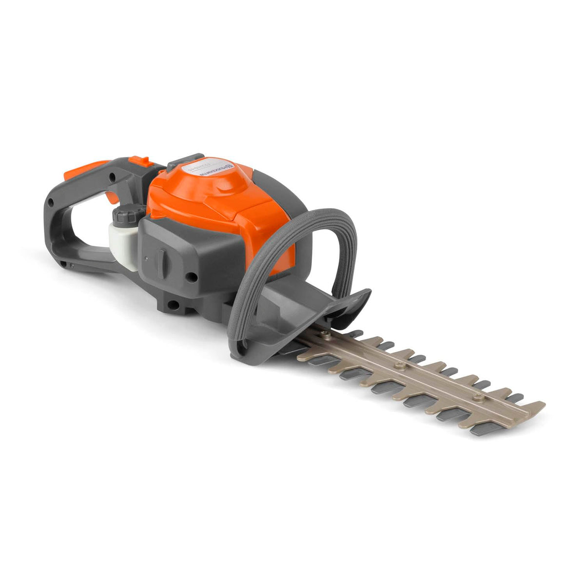Husqvarna 122HD45 toy hedge trimmer in gray and orange for realistic pretend gardening.