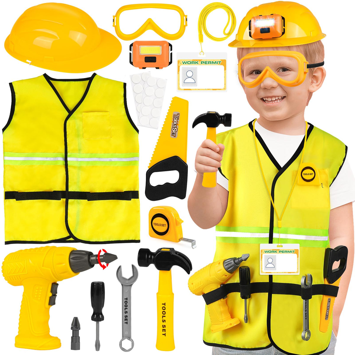 HUUIDY construction vest and hard hat for kids, high visibility for safe pretend play.
