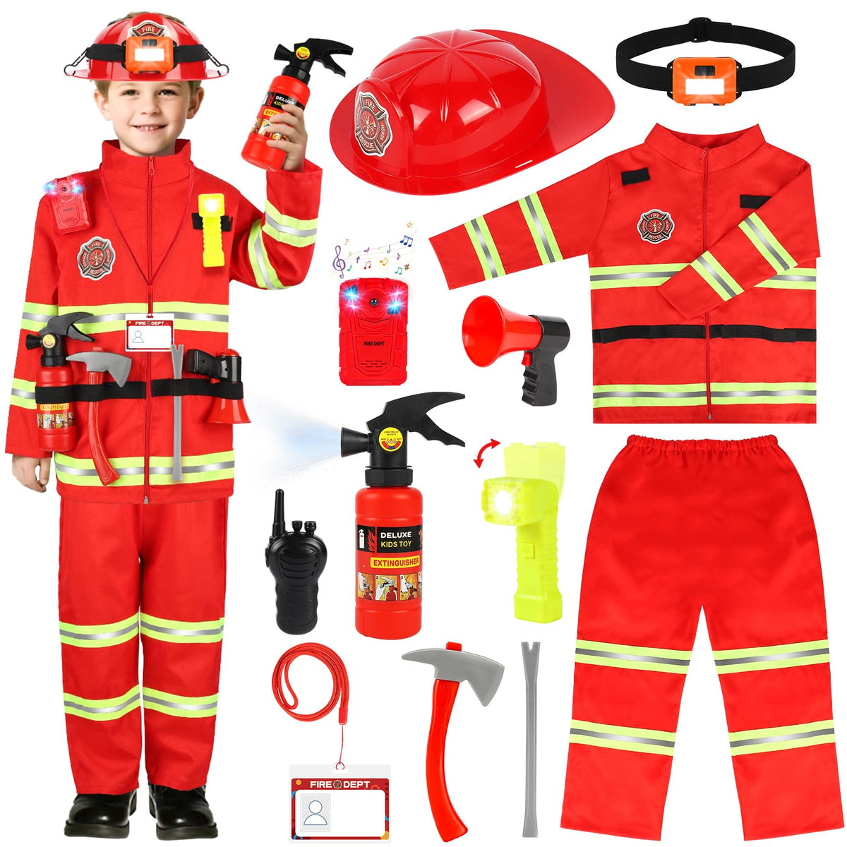 HUUIDY firefighter costume front view highlights durable, kid-friendly design for everyday pretend play.