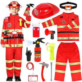 HUUIDY firefighter costume front view highlights durable, kid-friendly design for everyday pretend play.