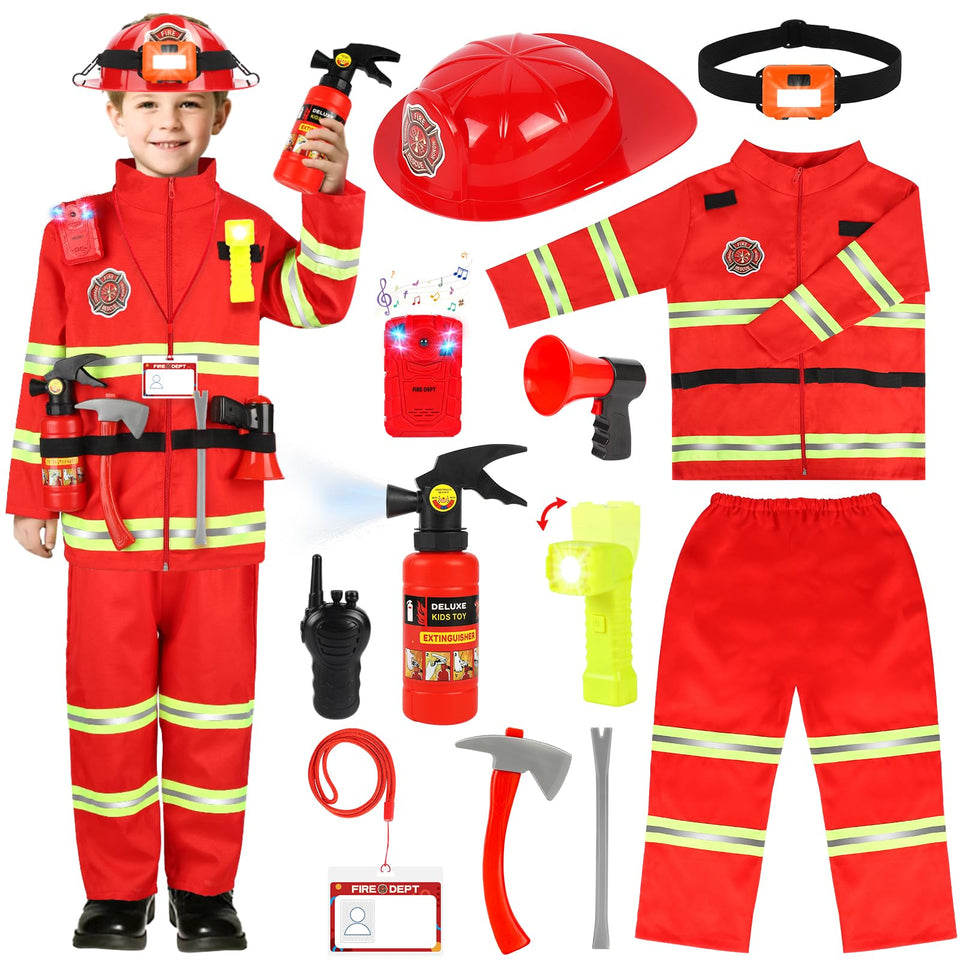 HUUIDY firefighter costume front view highlights durable, kid-friendly design for everyday pretend play.