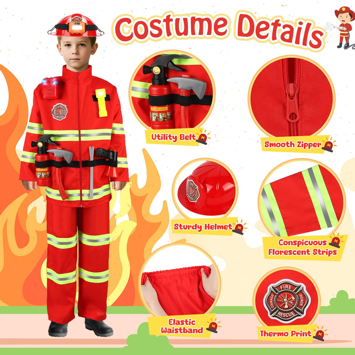 HUUIDY firefighter gear set close-up shows helmet and tools for immersive role play.