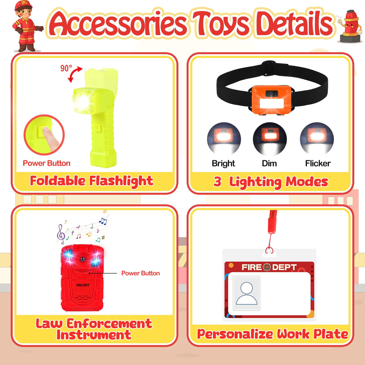 HUUIDY firefighter helmet light focuses on realistic headlamp feature for night-time pretend scenarios.