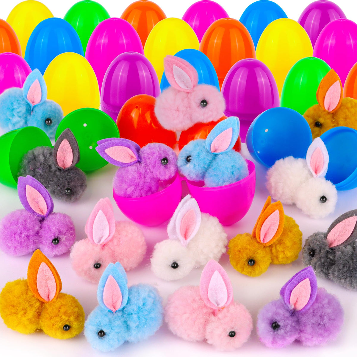 Huyamap 24 colorful Easter eggs filled with plush bunny toys for kids.