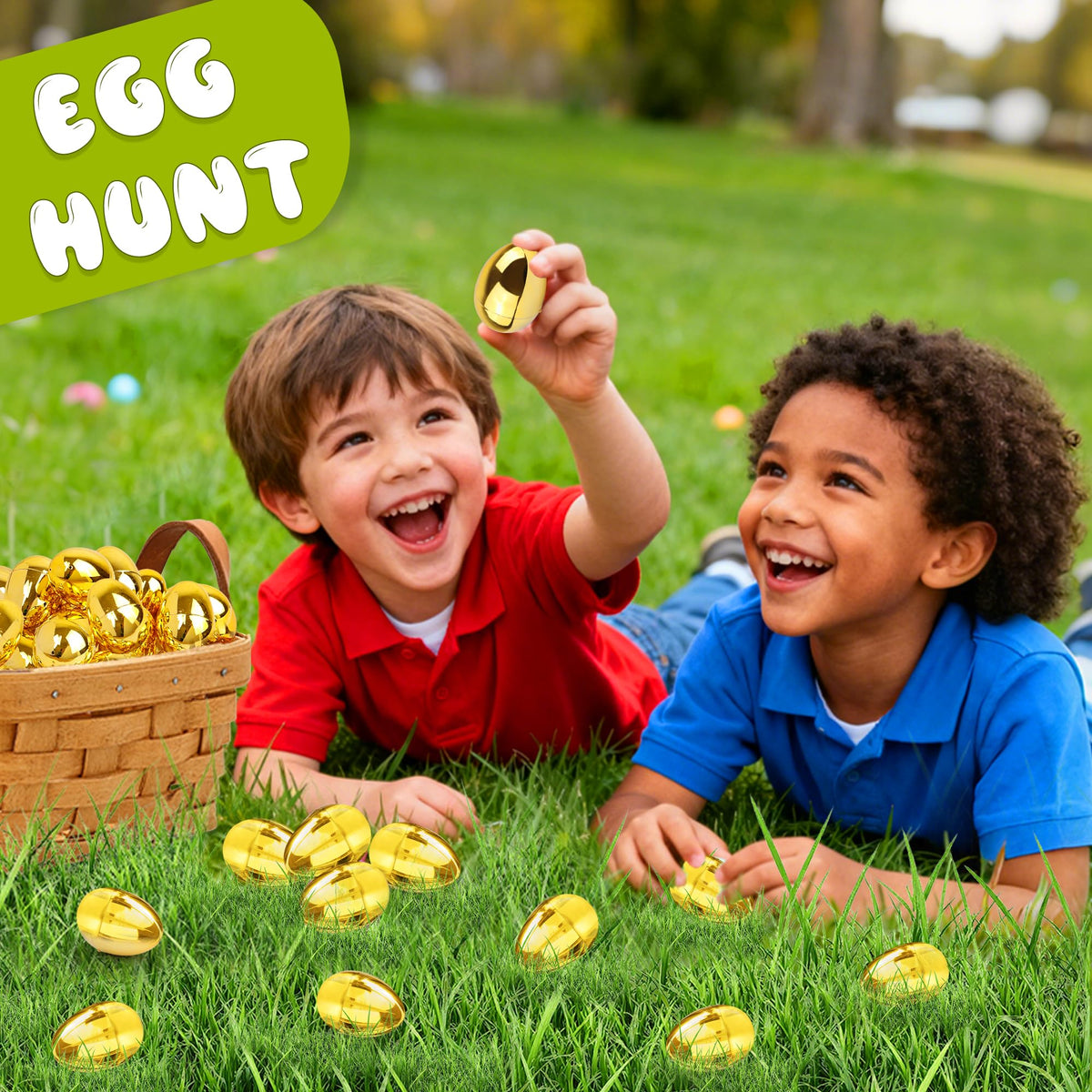 Huyamap gold Easter eggs for indoor outdoor decorations and hunts.