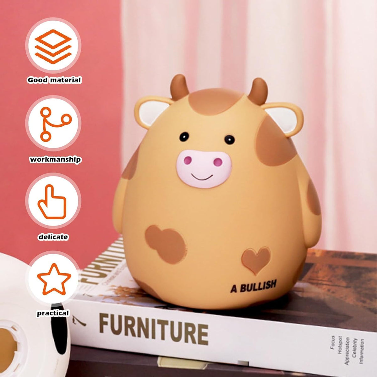 H&W Cow Piggy Bank yellow bottom stopper enables safe coin retrieval.