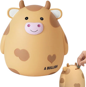 H&W Cow Piggy Bank yellow side view highlights sturdy construction for daily use.