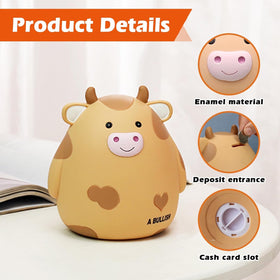 H&W Cow Piggy Bank yellow top slot for easy coin insertion and clear payoff sounds.