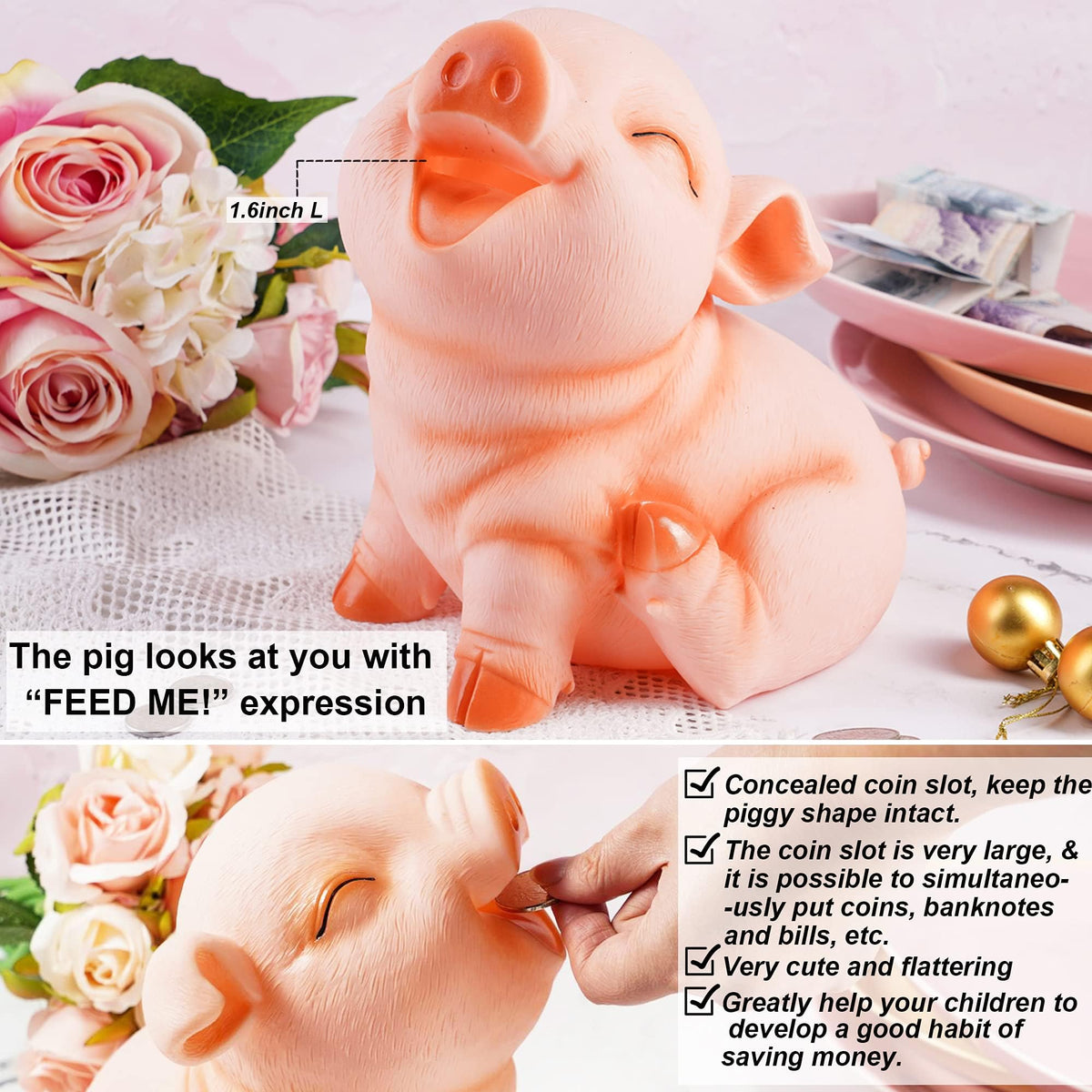 Durable PVC vinyl shell of H&W piggy bank resists drops