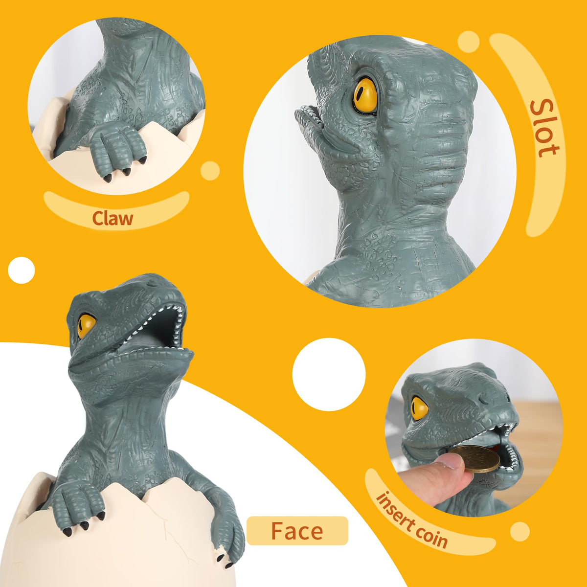 H&W Velociraptor cub piggy bank rotating lid for simple emptying.