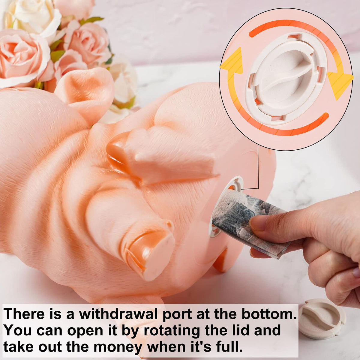 Wide 1.6-inch coin slot on H&W piggy bank for deposits