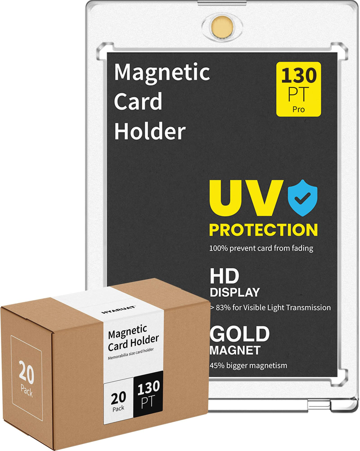 HYARUAT 130pt magnetic card holder front view showing clear protection for trading cards