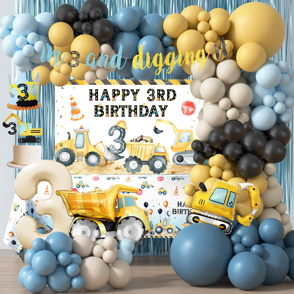 HYCSANBAO Construction 3rd Birthday Backdrop enhances party photos.