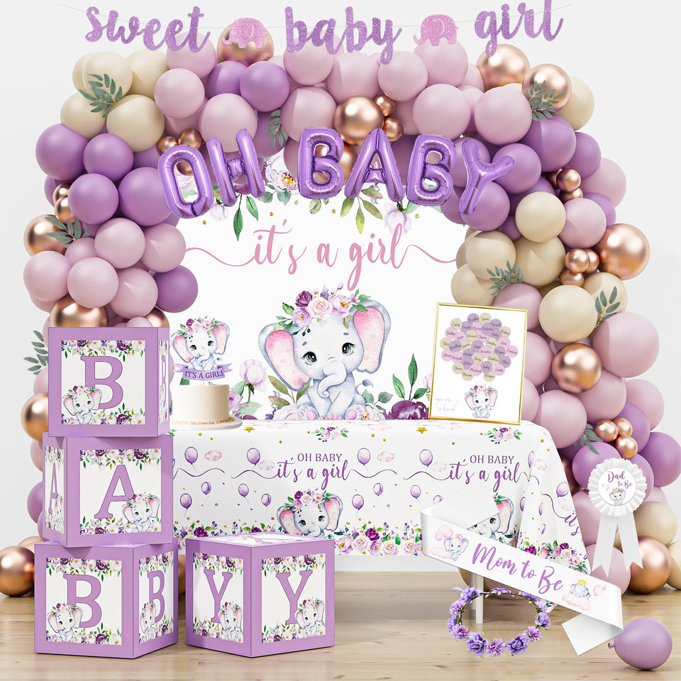 HYCSANBAO elephant baby shower backdrop enhances the photo area with a charming focal point