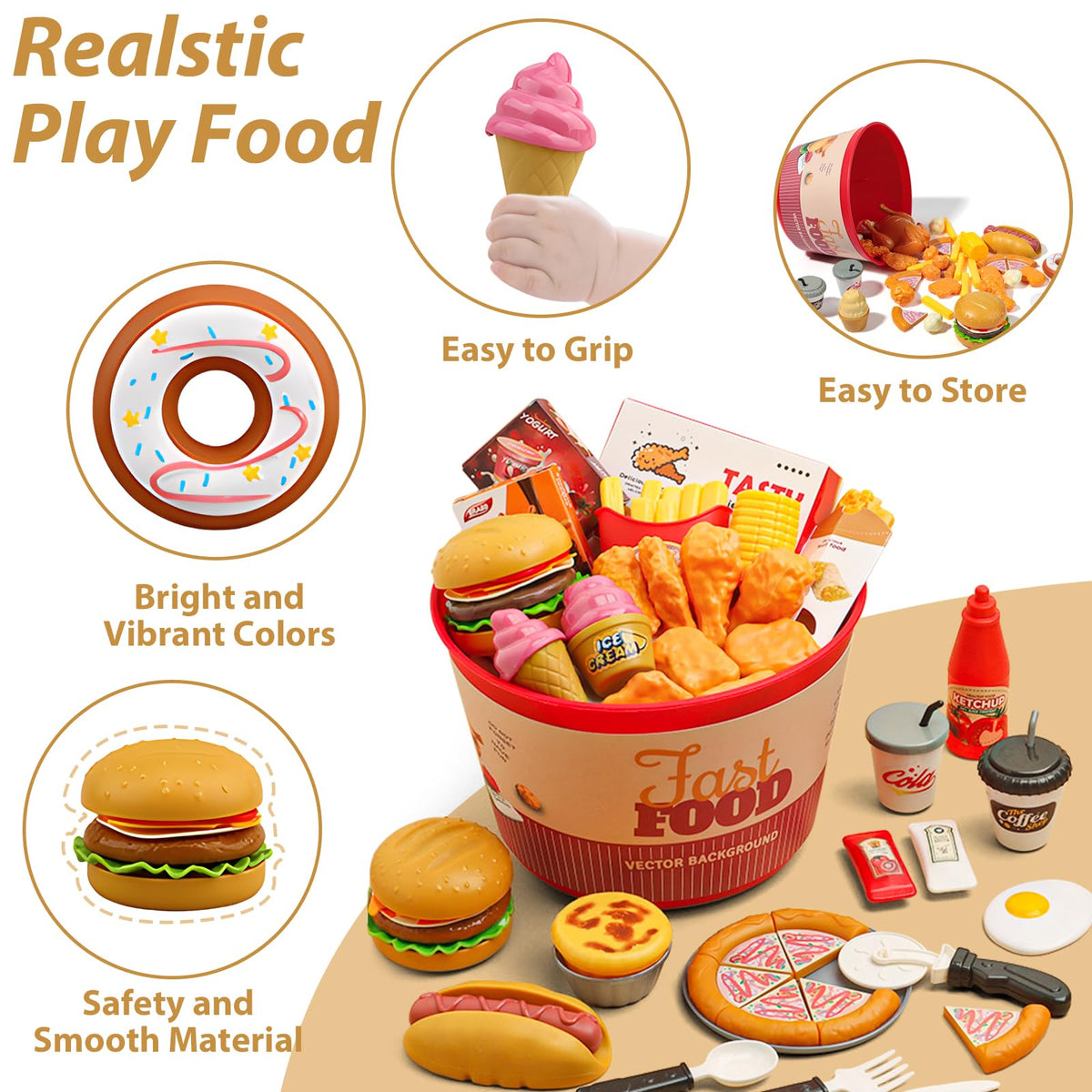 Hydeem 80-pcs pretend play food burger, encourages storytelling and cooperative play.