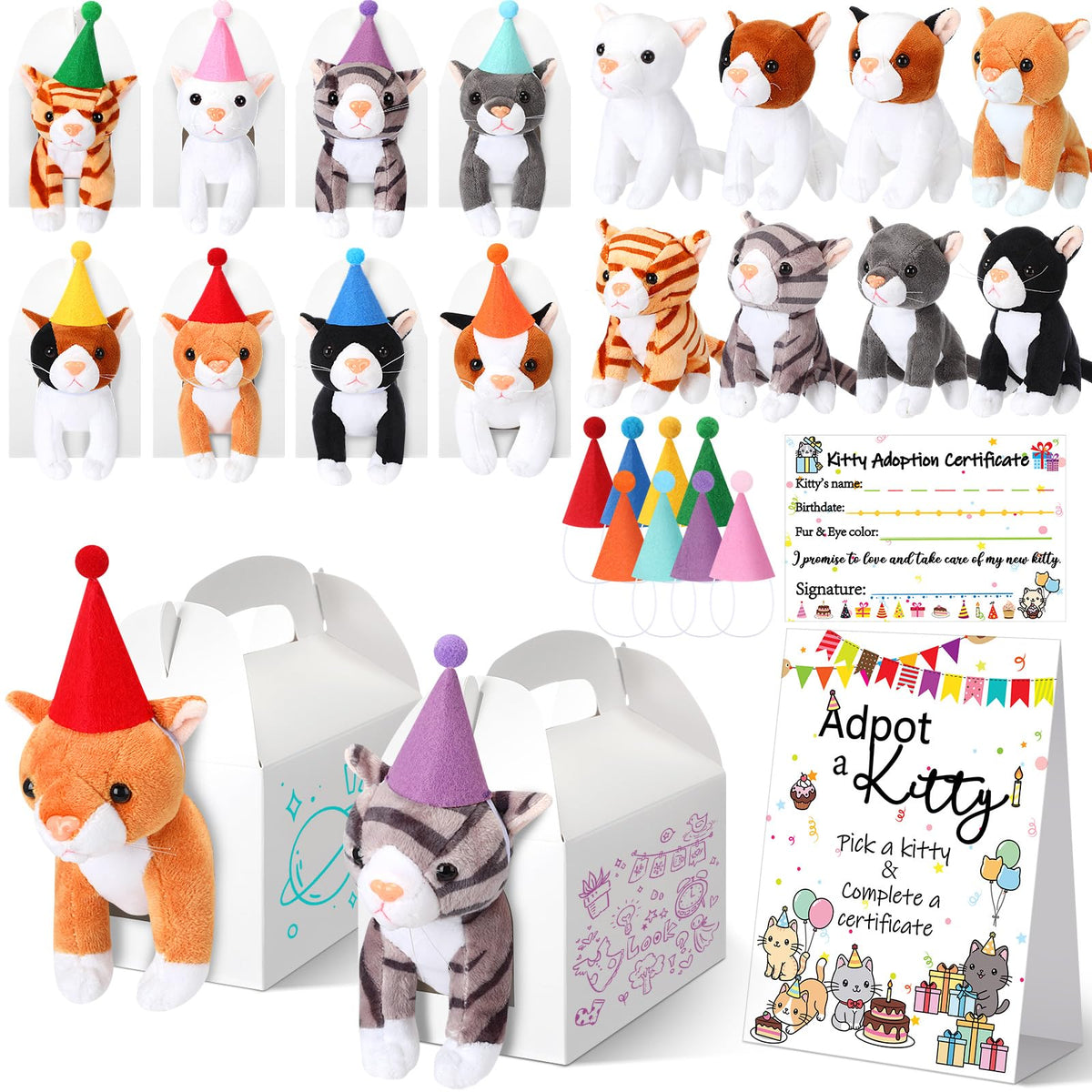 HyDren adopt cat gift set display shows plush cats and gift boxes for party favors