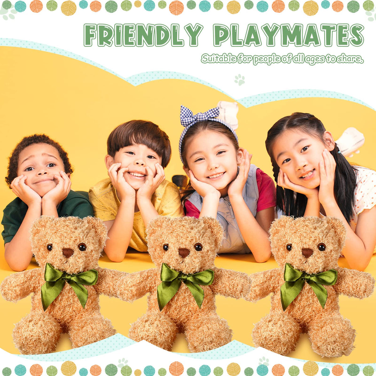 HyDren brown plush bear with green ribbon, charming bedroom decor touch.