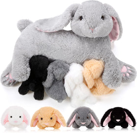 HyDren 15-inch Easter bunny with four babies, soft cuddle companion for kids.