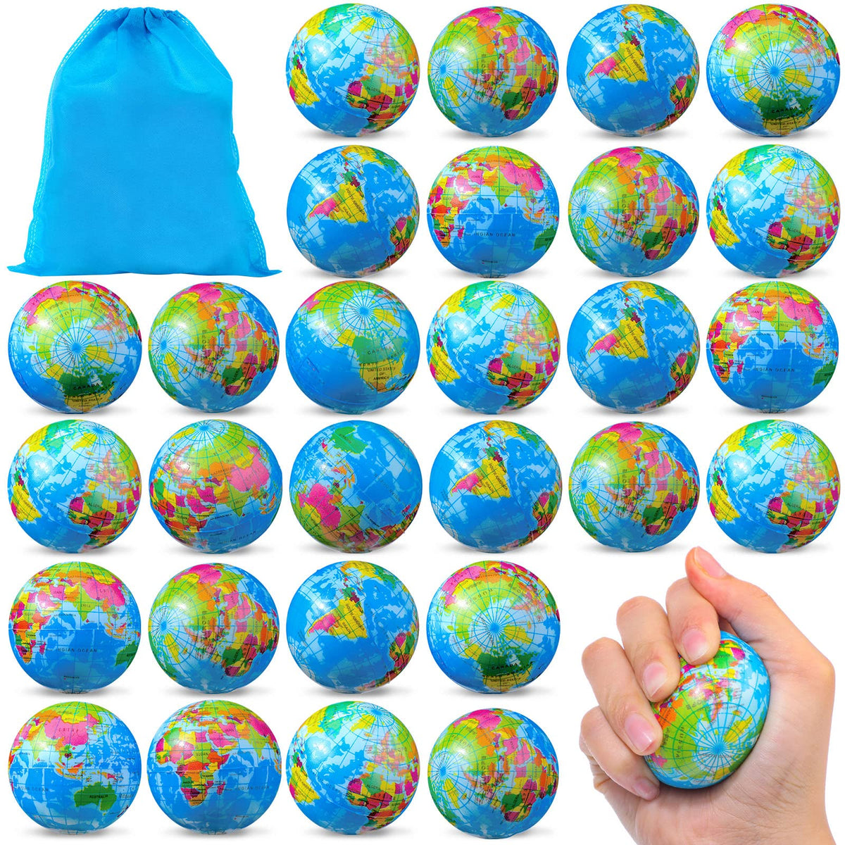 HyDren globe stress balls with world map design, ideal classroom prizes and party favors.