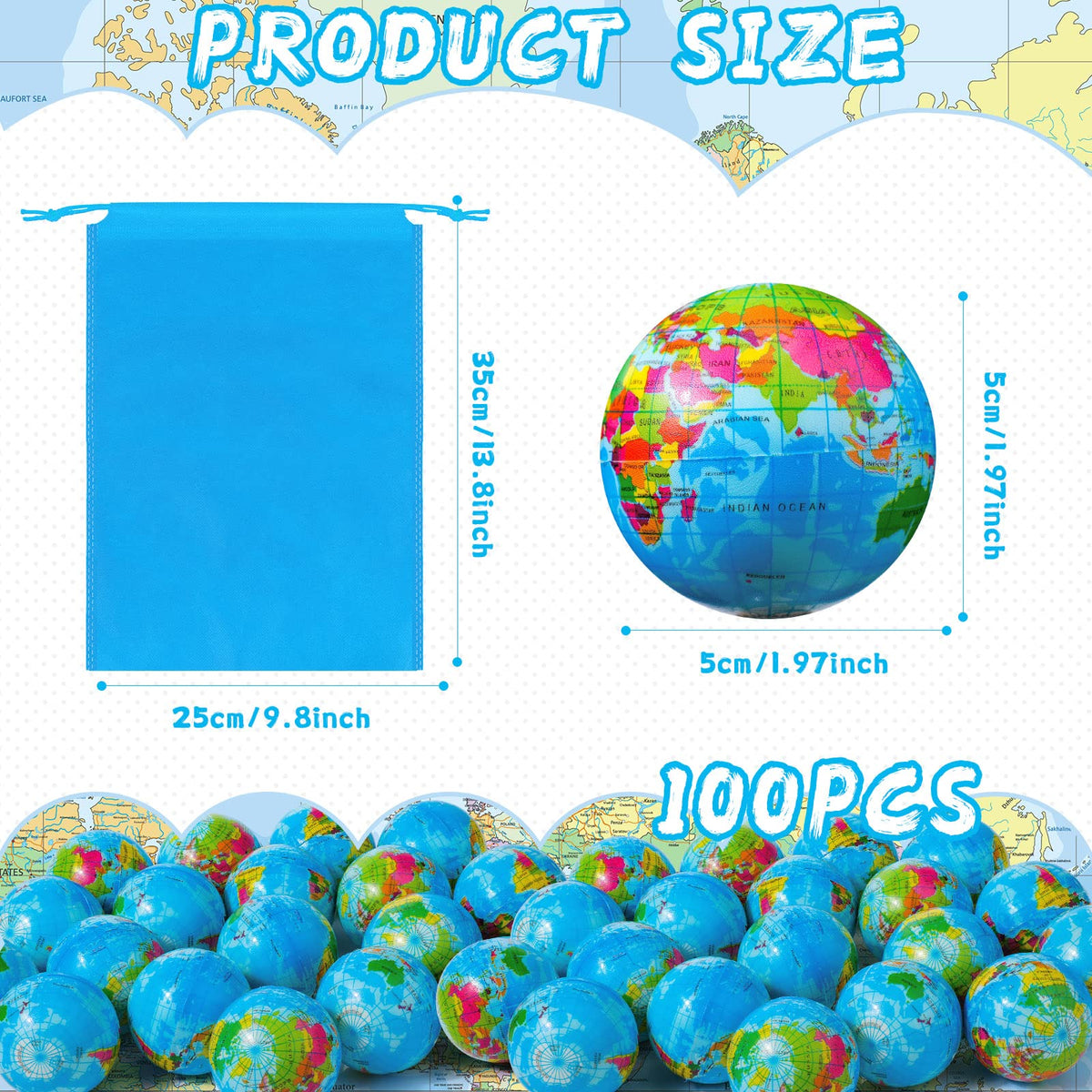 Soft foam globe ball featuring a vivid world map for tactile play.