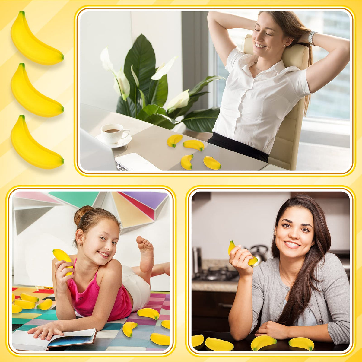 Stretchy banana fidget toy demonstrating squeeze and release benefits