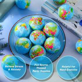 Blue drawstring bag with globe stress balls ready for stress relief and play.
