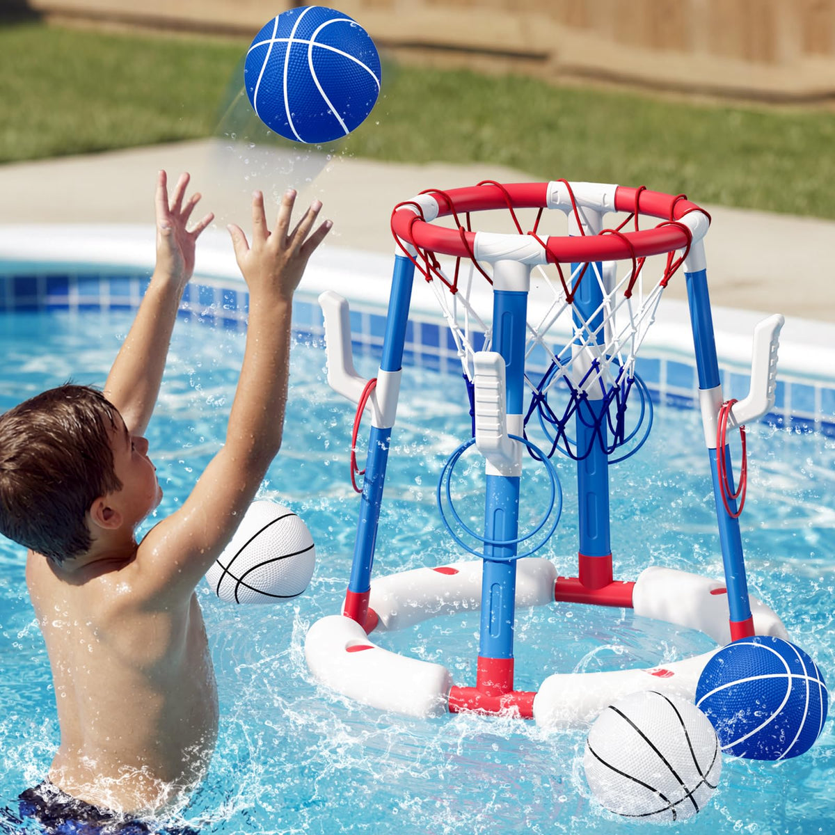 HYES 2-in-1 pool hoop ready for basketball shots and ring toss challenges.