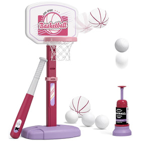 HYES 2 in 1 basketball hoop and T-ball set in pink for versatile kids’ play