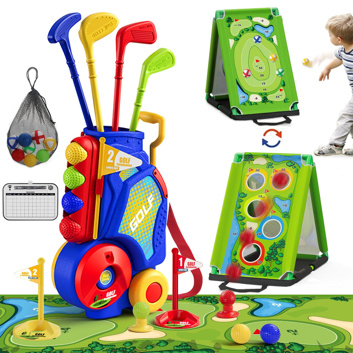 HYES 3 in 1 toddler golf set with cart, easy transport for outdoor play