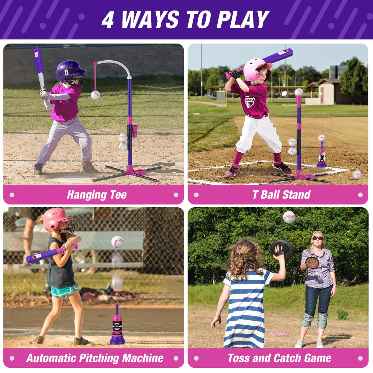HYES 4-in-1 t-ball stand adjusts height for growing players.