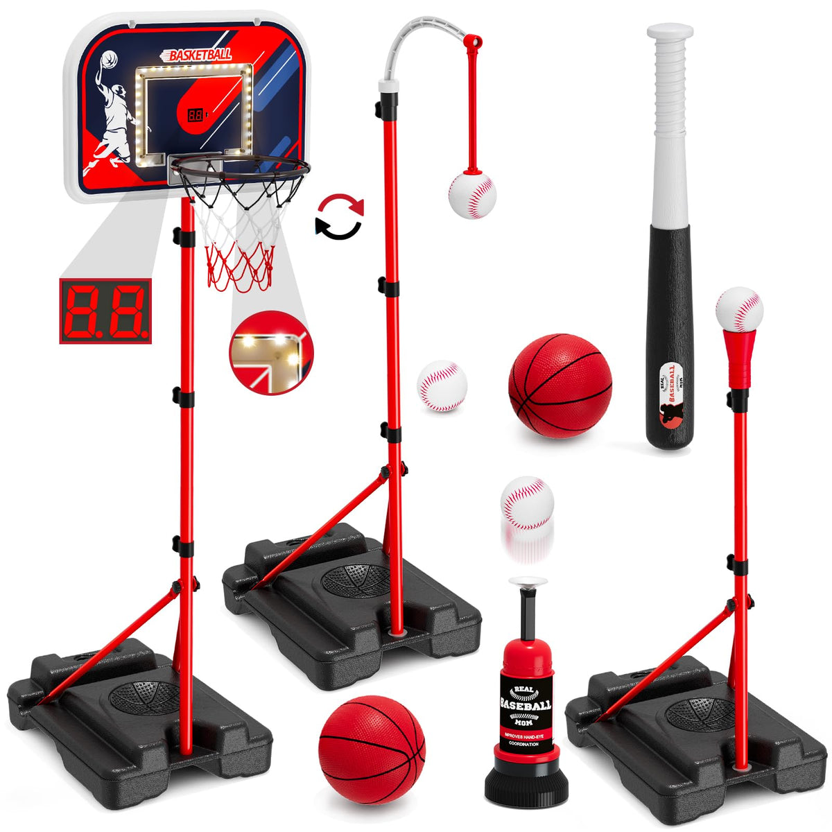 HYES 4-in-1 kids basketball hoop with LED scoreboard for backyard play