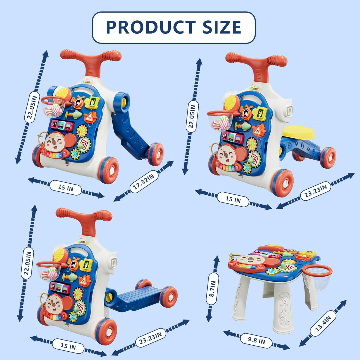 HYES 5-in-1 blue push walker gift-ready for babies and toddlers
