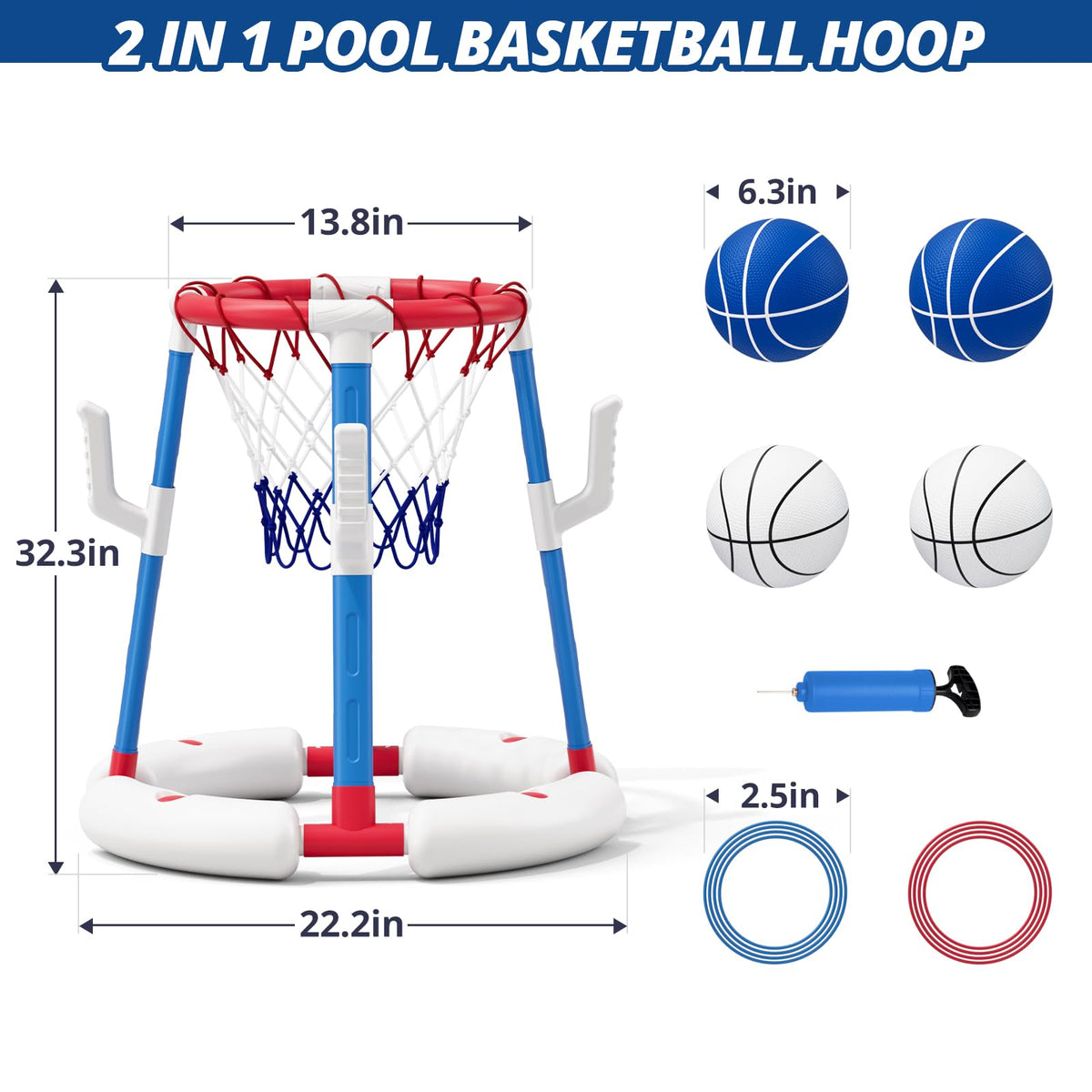 HYES anti-tip base stabilizes the hoop for steady play on water.