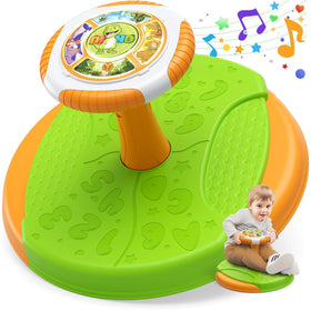 HYES Dinosaur Sit and Spin toy seat shows 360° rotation for toddlers.