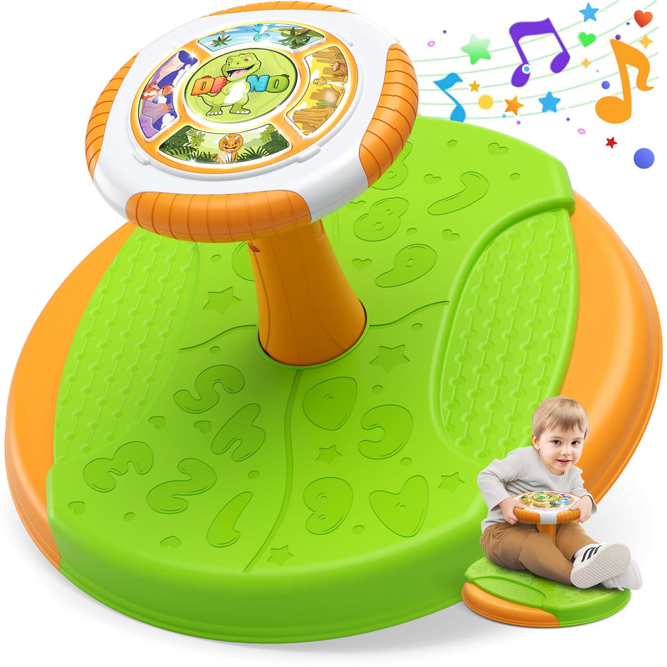 HYES Dinosaur Sit and Spin toy seat shows 360° rotation for toddlers.