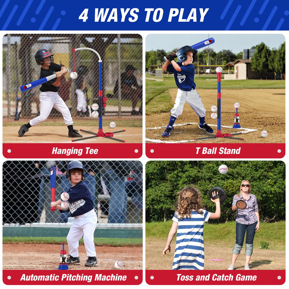 HYES hanging tee stand blue demonstrates adjustable height for growing players