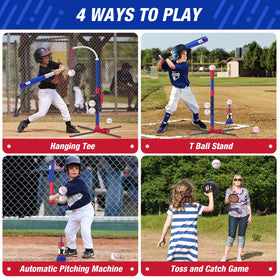 HYES hanging tee stand blue demonstrates adjustable height for growing players